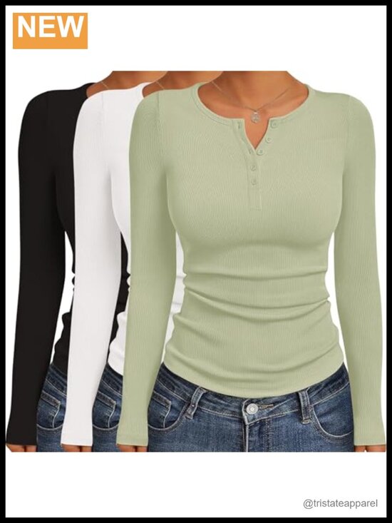 Other - Women's 3 Pack Long Sleeve Henley Thermal Shirts Ribbed Knit